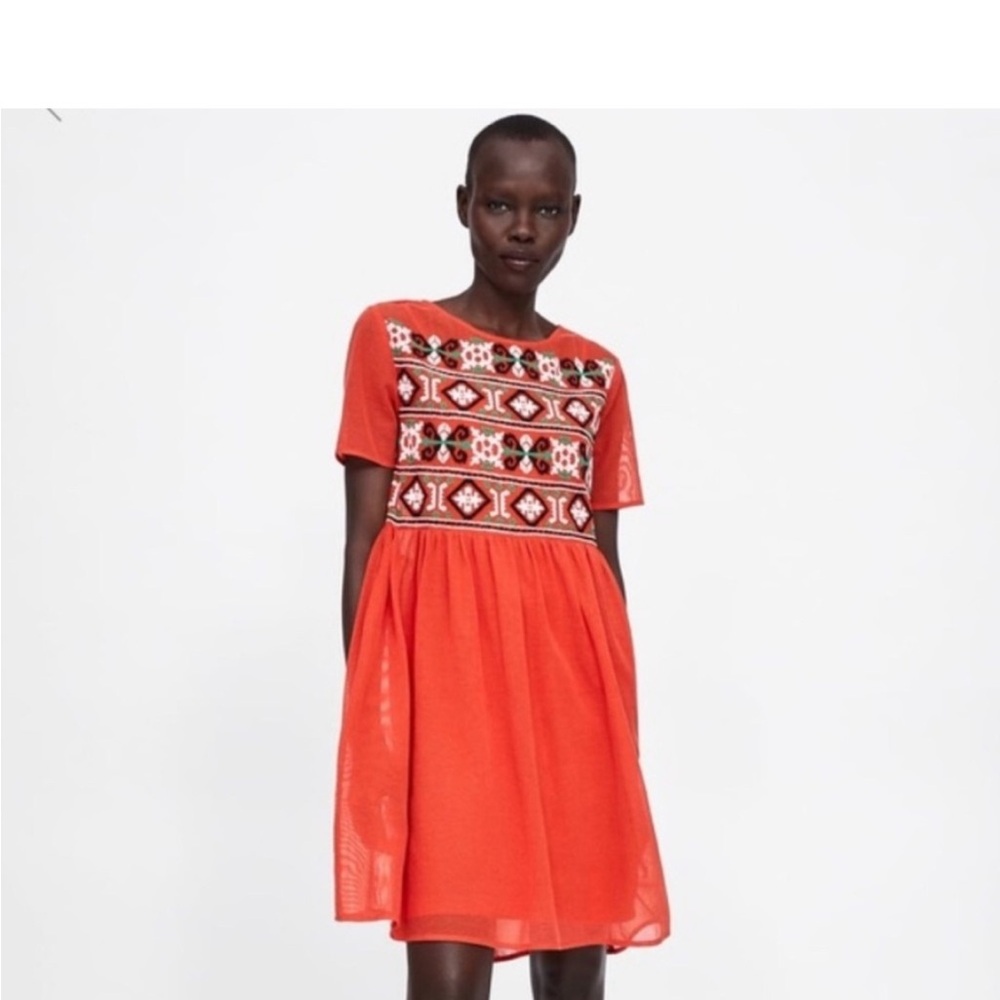 Zara Red/Orange Embroidered Mesh Short Sleeve Babydoll Dress Womens Small